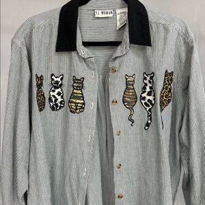 Vintage calico cat button up black and white shirt 18W